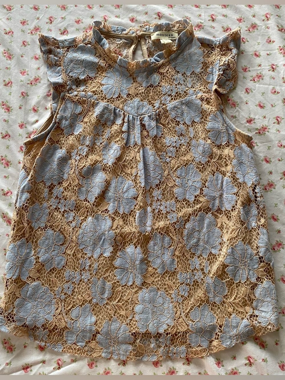 Monteau Coquette Cottagecore Boho Blue Lace Mock Neck Flutter Sleeve Top